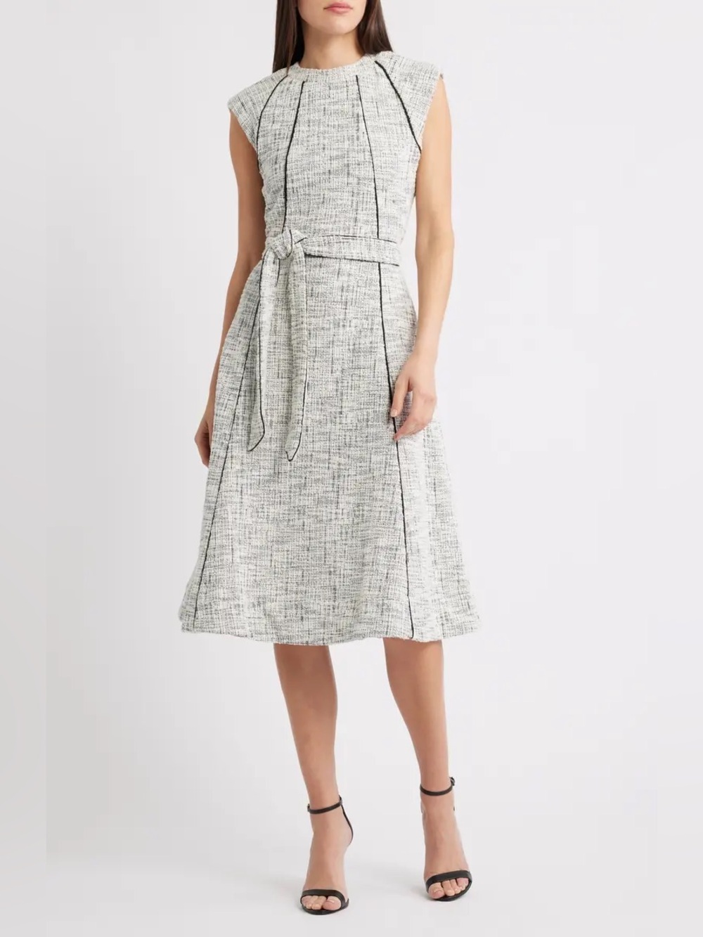 Halogen White Textured A-Line Dress with Black Piping and Waist Tie